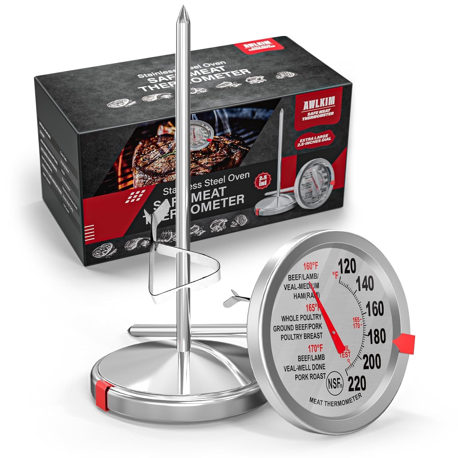 

Stainless Steel Meat Thermometer Safe Leave in Oven Dial Food Thermometer for Cooking Temperature Probe for Baking Oil Steak срібний