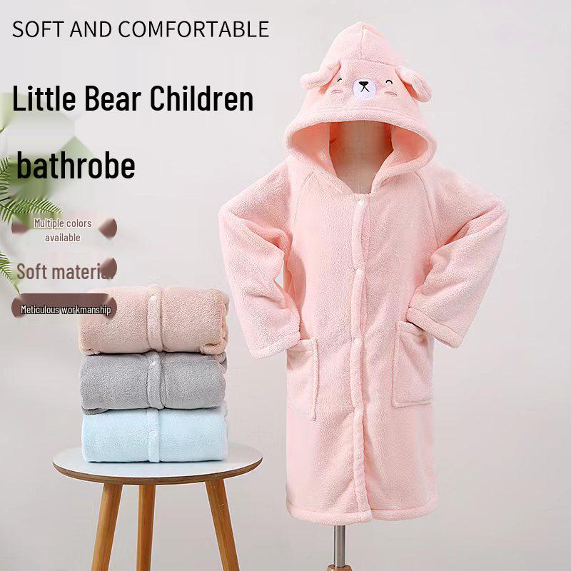 Children's Cute Cartoon Coral Fleece Hooded Bathrobe - Absorbent, No-Shed, Thick, Wearable Cloak
