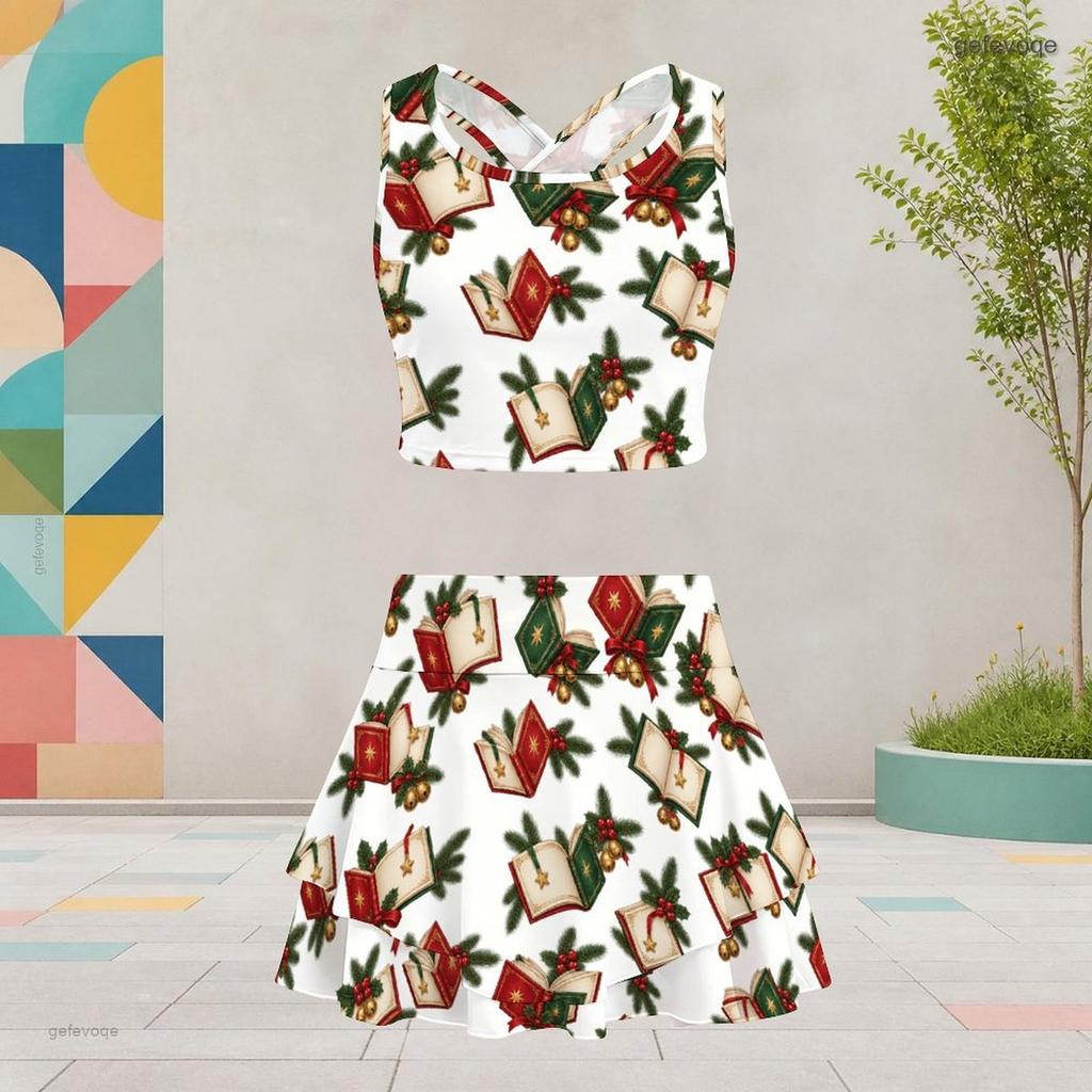 Mädchen Weiß Bedrucktes Ärmelloses Racerback Crop Top Mehrlagiger Rock Zweiteiliges Set