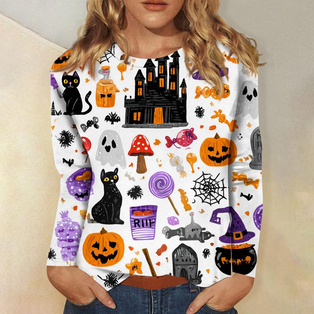 Women's long-sleeved loose-necked Halloween print casual top , suitable for holiday parties