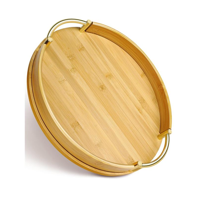 

A25F-14 Round Bamboo Serving Tray With Handles-Ottoman, Coffee Table, Breakfast, Decorative Kitchen Tray