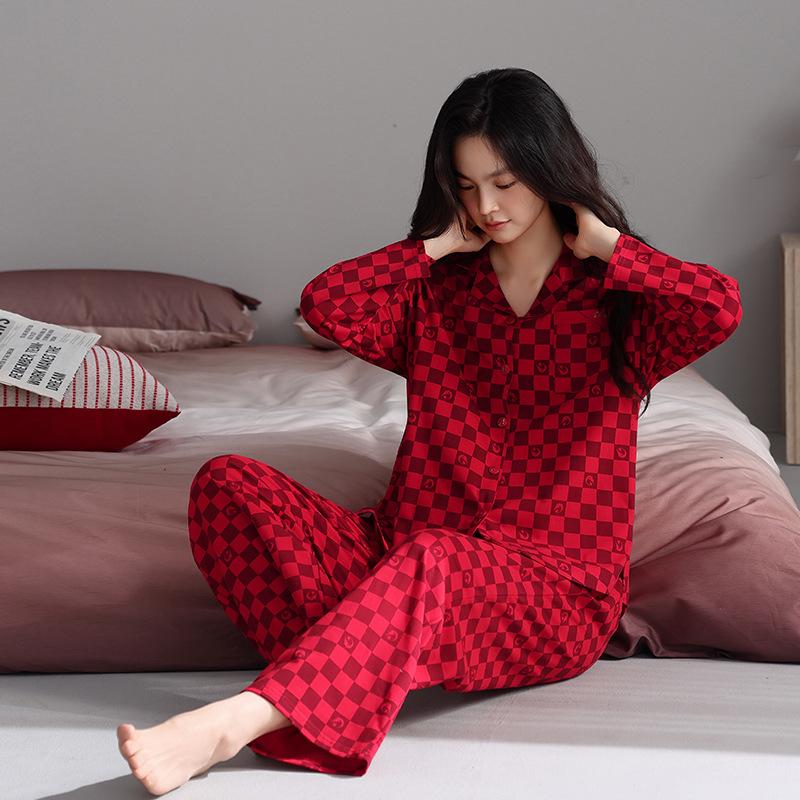 

Женский клетчатый осенний пижамный комплект - С длинным рукавом, Дышащий ликра-хлопок XXL (Height 170-175 cm, Weight 140-160 kg)