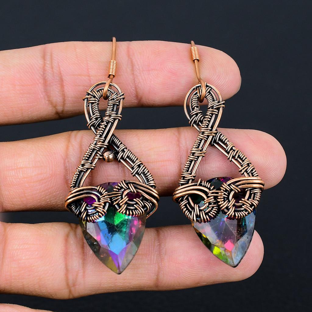 Natural Mystic Topaz Gemstone Handmade Copper Wire Wrap Earring 2.76 w4M85