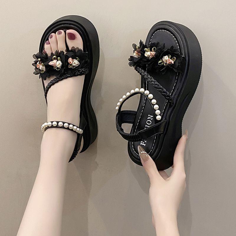 Versatile Internet Celebrity Foreign Style Cool Slippers Heightening Non-slip Sandals 2025 Summer New Popular Thick-soled Pearl Sandals Women