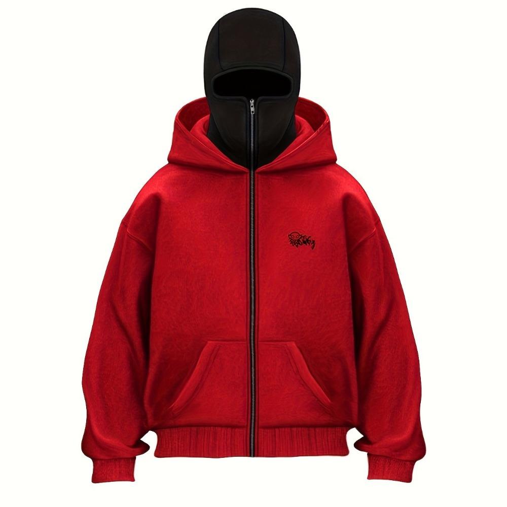 

1 Толстовка с двойным капюшоном в стиле Y2K, осенне-зимний пуловер с капюшоном и геометрическим узором, свободная молния для повседневной носки, зимняя толстовка с капюшоном M красный