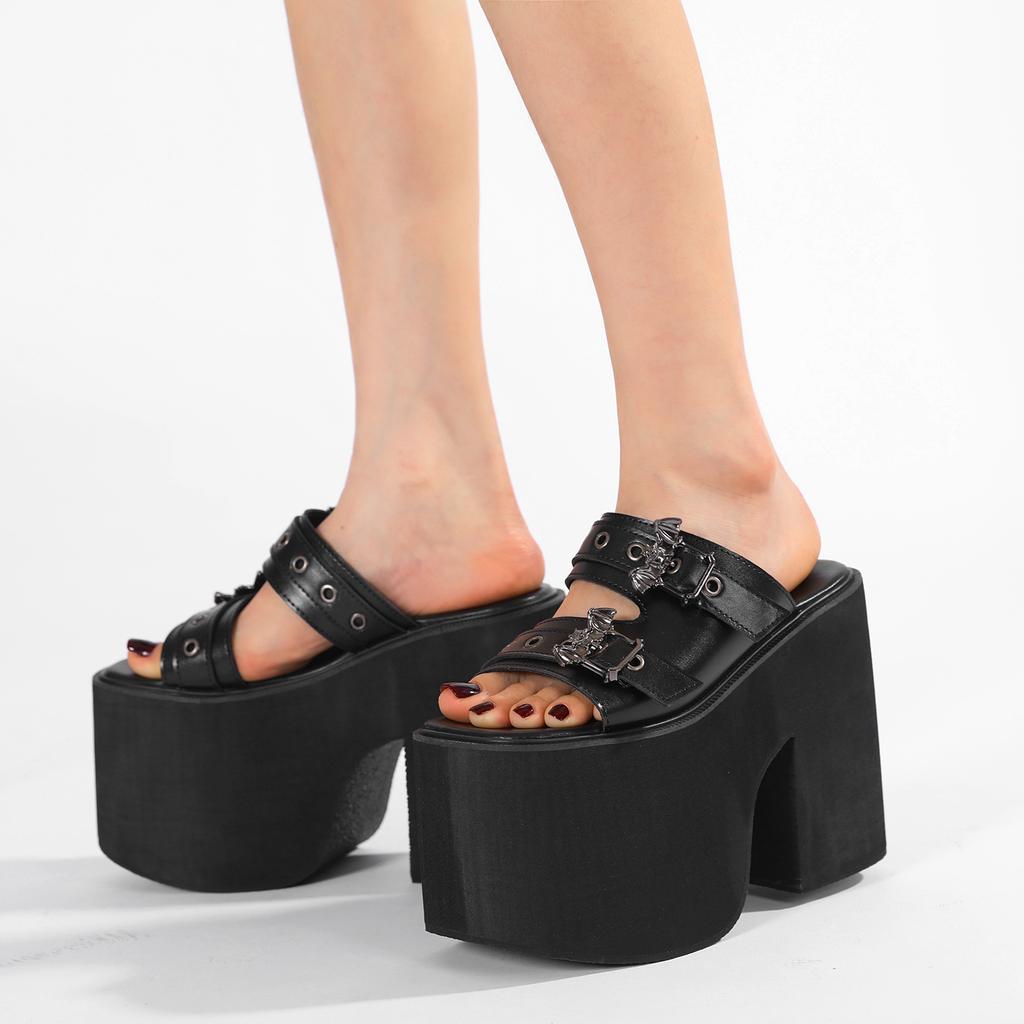 Gdgydh Goth Bat Buckle Decor Platform Slippers for Women Fashion Open Toe Summer Shoes Slip On Heeled Sandals Slingback Outdoor