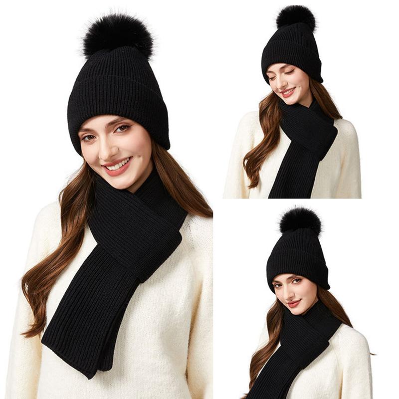 Knitted Hat Scarf Set Women's Autumn Winter Thick Fur Ball Wool Hat Outdoor Ear Protection Warm Hat