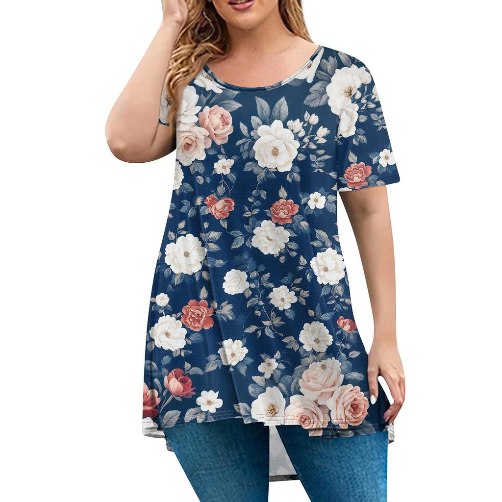 Women's Fashion Large Size Round Neck Short Sleeve Casual Print Loose Pullover Top