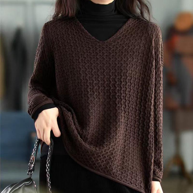 

Жіночий Осінньо-Зимовий Новий Трикотаж Вільний Сітчастий Модний V-подібний Виріз Довгий Рукав Светр Базовий Шар Топ OneSize кавовий