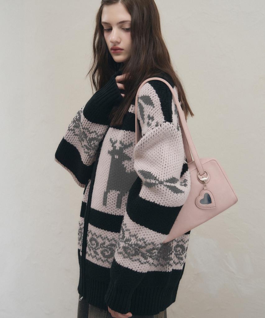 Leathery Plump Heart Keyring Shoulder Bag [Pink]