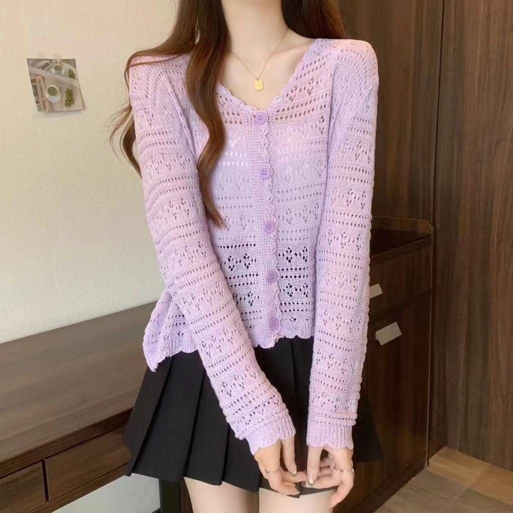 Summer Women's Thin Knit Sweater Long Sleeve Short Cut-out Sun Protection Shawl Breathable Knitted Jacket