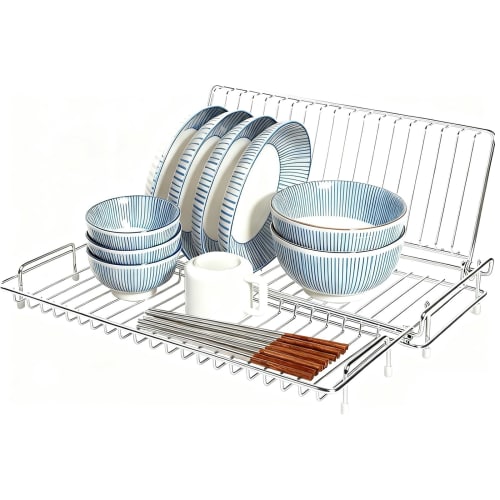 RAZOJESS Sinkside Dish Drainer, Foldable and Adjustable Sliding Dish Drainer, Storage Dish Drainer, Tatami-Style Dish Drainer, Stainless Steel, with C
