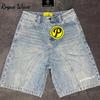 RogueWave Retro Letter Denimshorts Y2K Herren Harajuku Hip Hop Buchstabenstickerei Retro Blau Baggy Shorts Überkniehose Lässige Shorts
