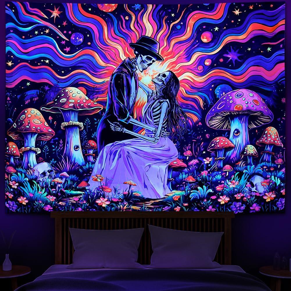 Heopapin Blacklight Skeleton Couple Tapestry UV Reactive The Lovers Skull Wall Hanging Tapestry Romantic Cosmos Galaxy Aesthetic Tapesties for Living