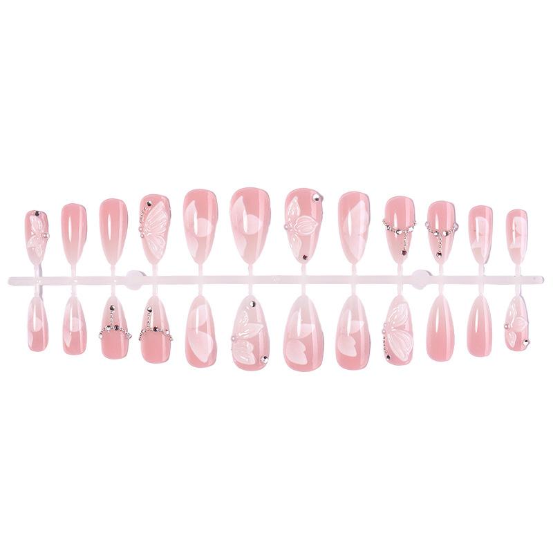 French almond nail fairy pink naked three-dimensional butterfly pointed wearing nail advanced sense pearl nail art finished nail piece