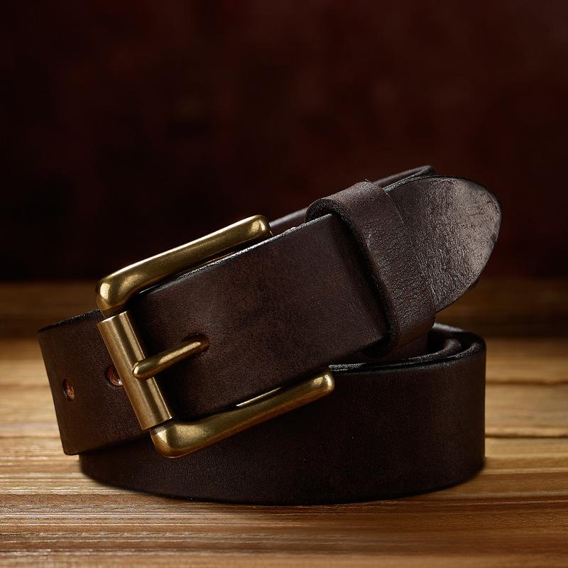 Retro Real Cowhide Belt Copper Buckle Men's Handmade First Layer Cowhide Belt Casual Jeans Belt
