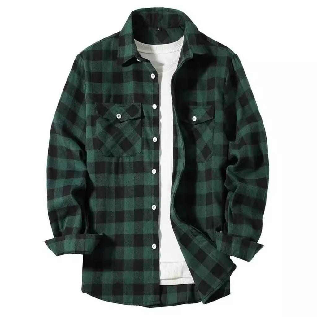 Men's Casual Loose-Fit Plaid Collared Shirt With Pockets - Long Sleeve