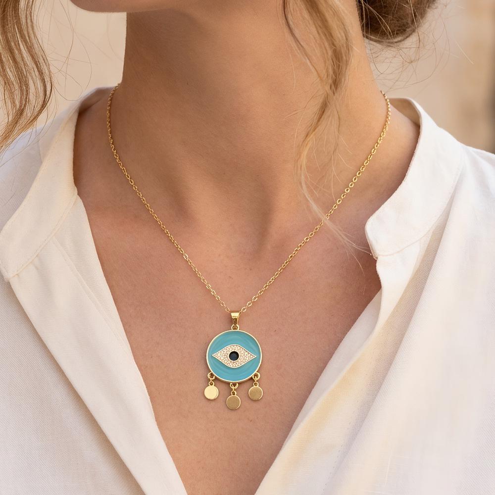 18K Gold-Plated Turkish Evil Eye Pendant Necklace with Tassel