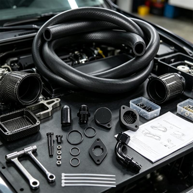 6.7L Maintenance Engine Ventilation Kit with Flexible Hose, Black Finished Metal Adapters, Sealing Hardware and Installation Parts