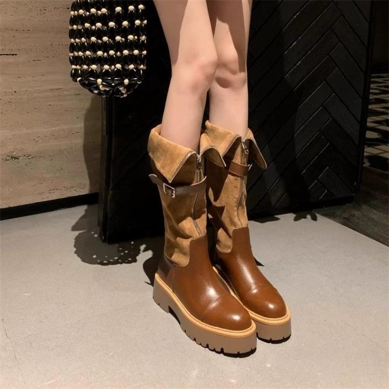 Fashion Black Belt Buckle Platform Knee High Shaft Shoes Woman Comfortable and Elegant Footwear New in Demi-season Long Boots for Women