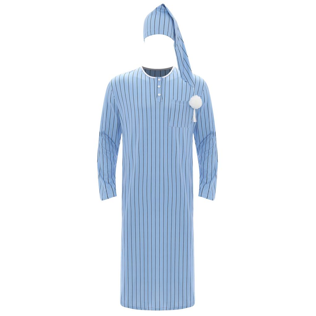 Mens Striped Nightgown Robe with Hat Long Sleeve Full Length Pompom Trim Adjustable Sleep Cap Arabian Pajamas