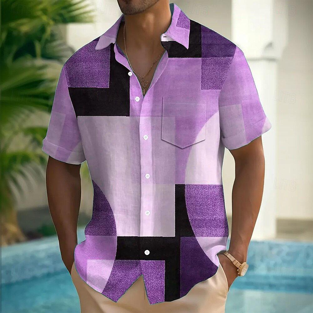 Herren Geometrisches Color Block Patchwork Hemd Knopfhemd Kurzärmelig Mode Lässig Sommer Kragen 3D-Druck mit Tasche Hemd