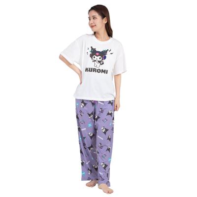 Kuromi Pajamas Powder Stretch Short Sleeve Long Pants Top and Bottom Set Loungewear MUSIC Kuromi X [SAZAC] Set-up Women's (White Purple/L/SAN1791)