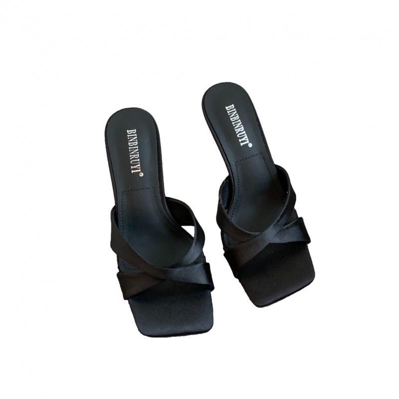 7 Cm French Niche Thin Heel Sandals Women's Versatile Temperament Square Head No Toes High Heel Cool Slippers Women's Summer Wear