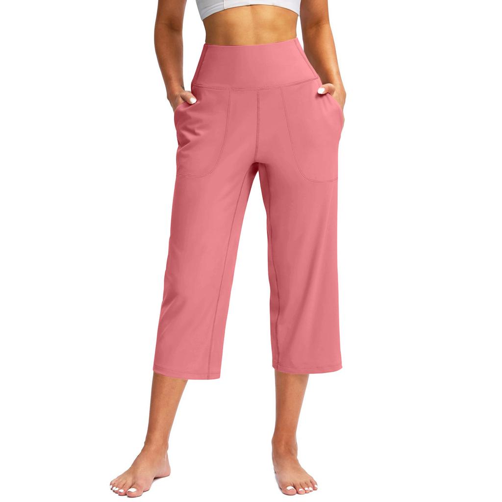 women's High Waist Solid Color Capris Wide Leg Pants Casual Pocket Yoga Cropped Trousers