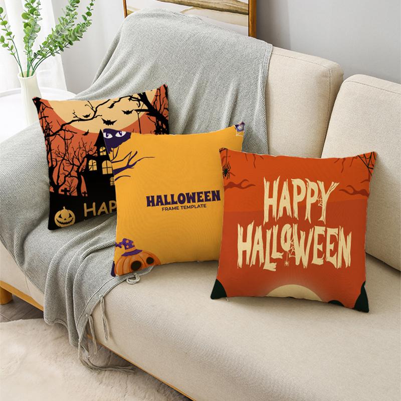 Orange Scary Halloween Night Witch Haunted House Linen Throw Pillowcase Decorative Cushion Cover For Sofa Livingroom Party