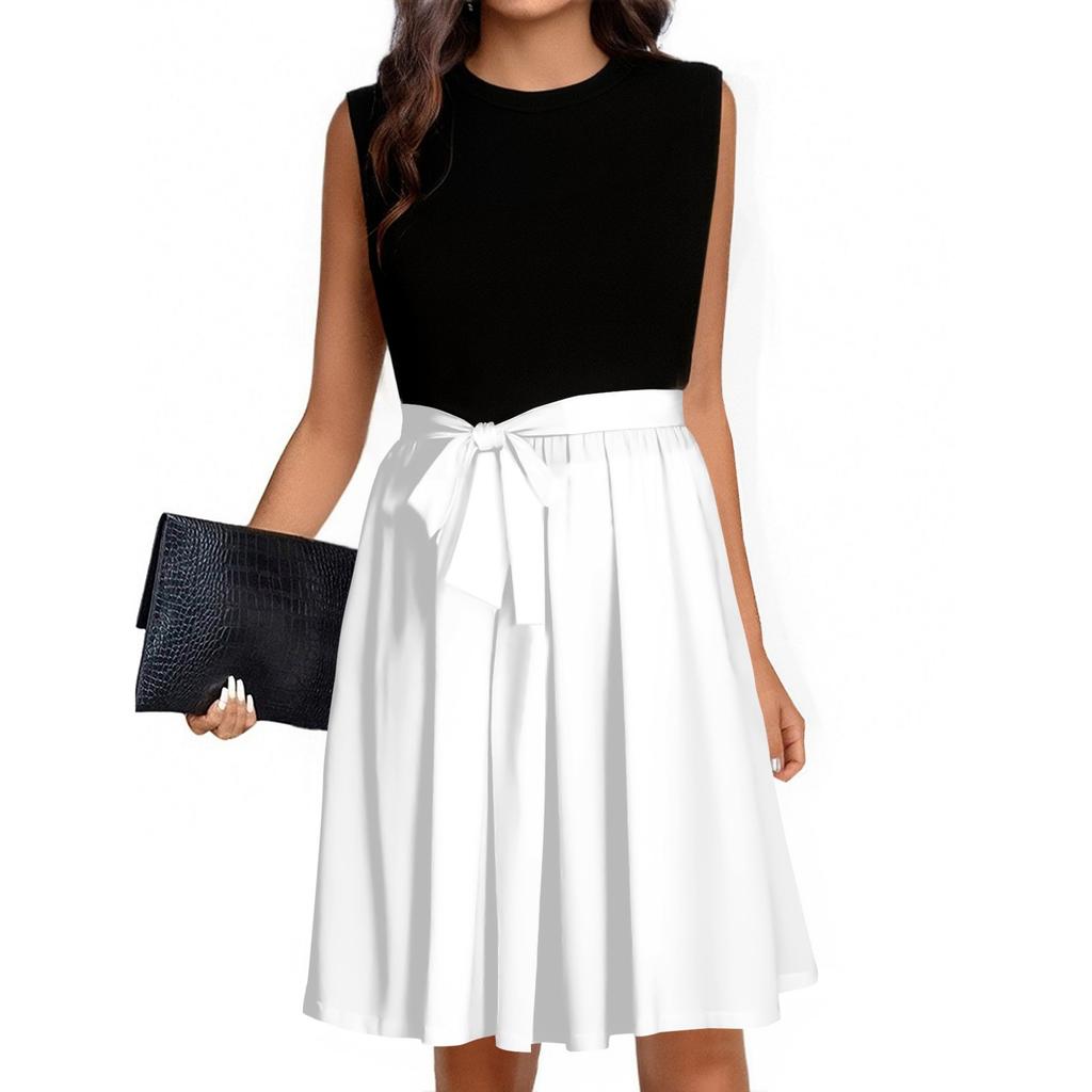 Women's Fashion Casual Lace-up Sleeveless Round Neck Splicing Short Dress