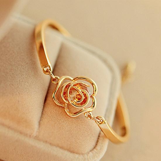 Women Golden Flower Crystal Rose Bangle Cuff Chain Bracelet Chic Jewelry Present