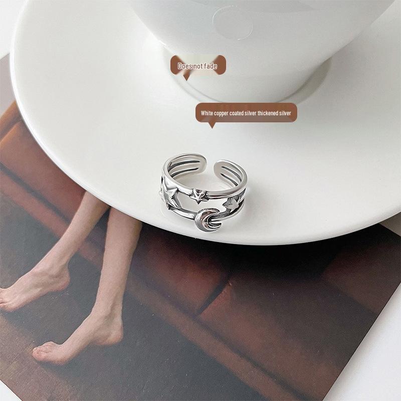 Lan Zhi Star Moon 925 Sterling Silver Women's Hip Hop Open Ring - Non-fading, Unique Design.