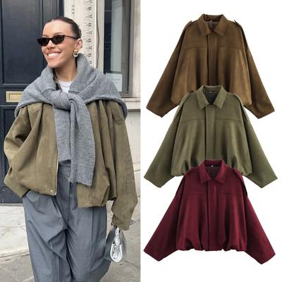 Damen Wildleder Bomberjacke Frühling Neue Mode Langarm Reißverschluss Übergroß Uni Bombermantel Schicke Dame 2026 Streetwear B88824