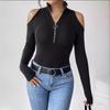 Elegant Women's Solid Color Pit Free Zipper Stand Collar Off-shoulder Long-sleeved T-shirt Slimming Top