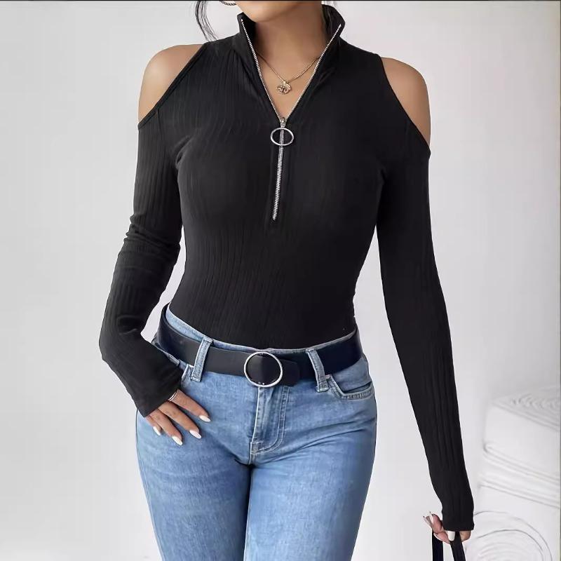 Elegant Women's Solid Color Pit Free Zipper Stand Collar Off-shoulder Long-sleeved T-shirt Slimming Top