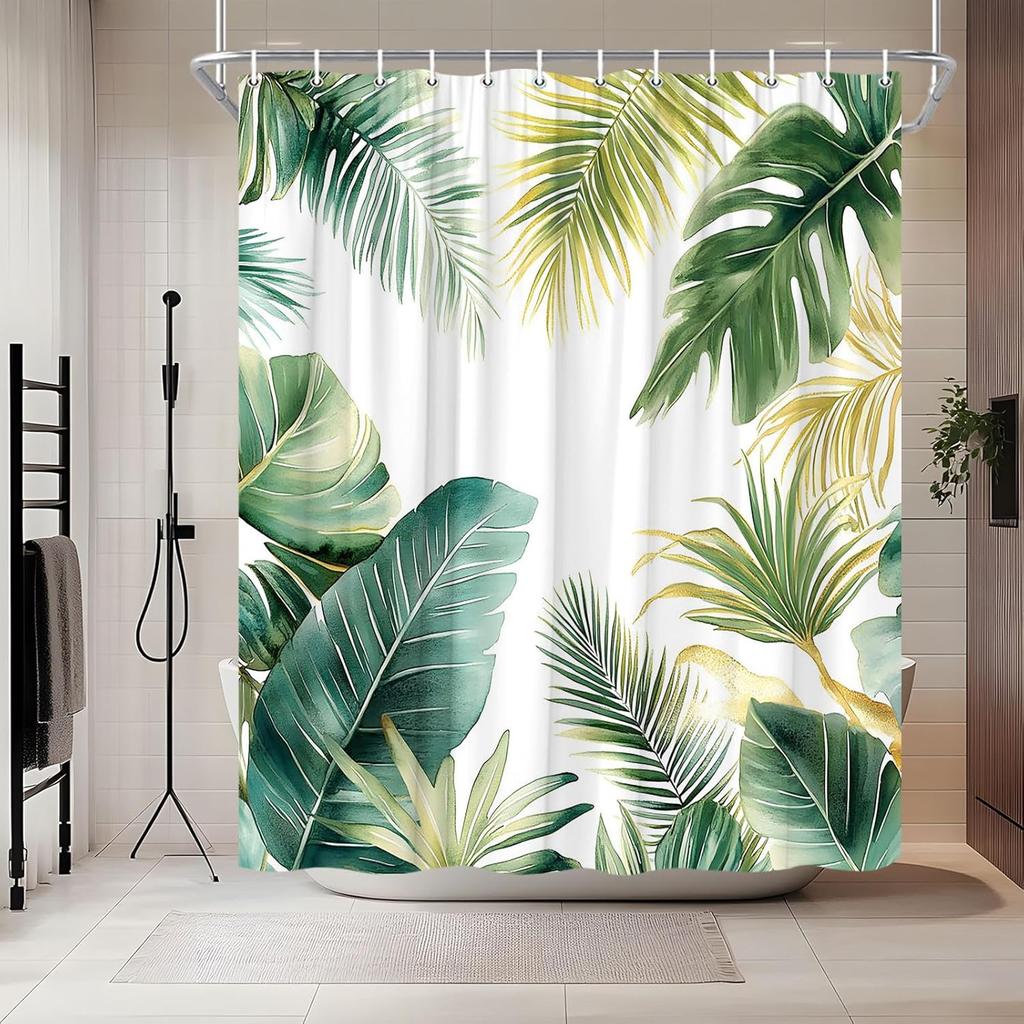 Tropical Leaves Shower Curtain Green Plant Jungle Botanical Monstera Palm Leaf Banana Hawaii Exotic Nature Rainforest Shower Curtains Set Bathroom