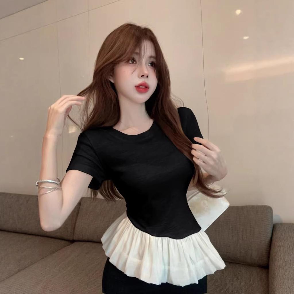 Ballet style fake two-piece splicing fashion T-shirt women's summer design sense niche hem slim and thin short-sleeved top
