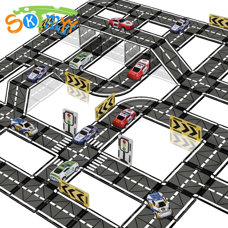 Magnetic Tiles Road Set with Pullback Car Magnet Building Tile Creative STEM Building Toy Learning Educational Toy for Kids Gift Road Magnetic Tiles
