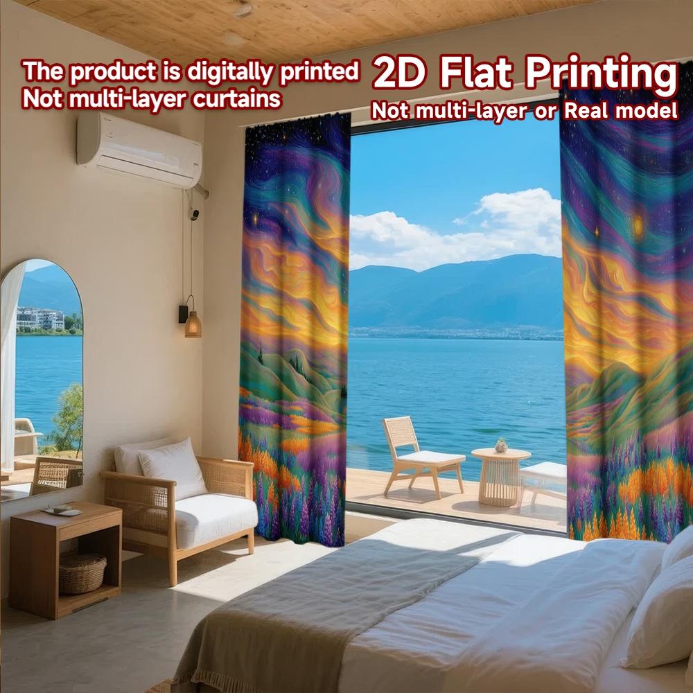 2D FLAT PRINTING 2pcs Curtains (Without Rod) Galaxy View with Cat Ramadan Festival Chic Print Curtains Semi-Sheer Curtains