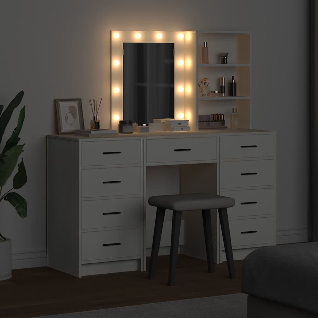 Makeup Table with Mirror Lighting 3 Pcs White Wood Based Material