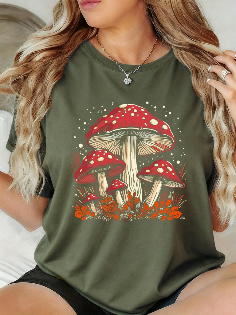 Red Mushroom Personality Prints TShirts Women Summer Short Sleeve Tops ONeck Soft T Shirt Basics Comfortable Womans Clothes