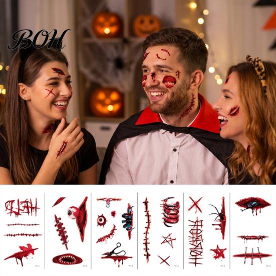 Tatuaggi Temporanei Sicuri con Inchiostro 30 Pezzi Adesivi Tatuaggio Cicatrice di Halloween, Decalcomanie Realistiche di Ferite Finte per Decorazioni Viso Spaventoso Braccio Corpo, Impermeabili