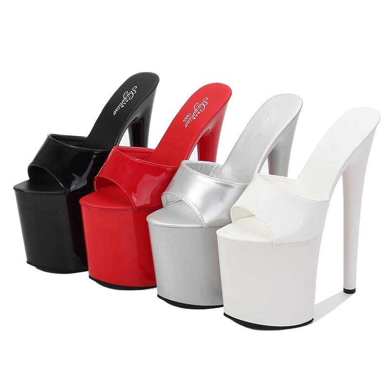 Women's Summer 20cm Super High Stiletto Heels - Patent Leather Sexy Waterproof Platform Slippers