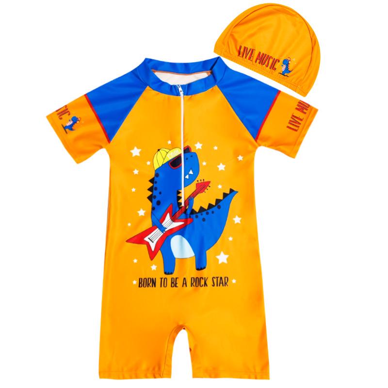 Children's Boys' One-Piece Short-Sleeve Swimsuit: Medium & Large, Quick-Dry, UV Protection