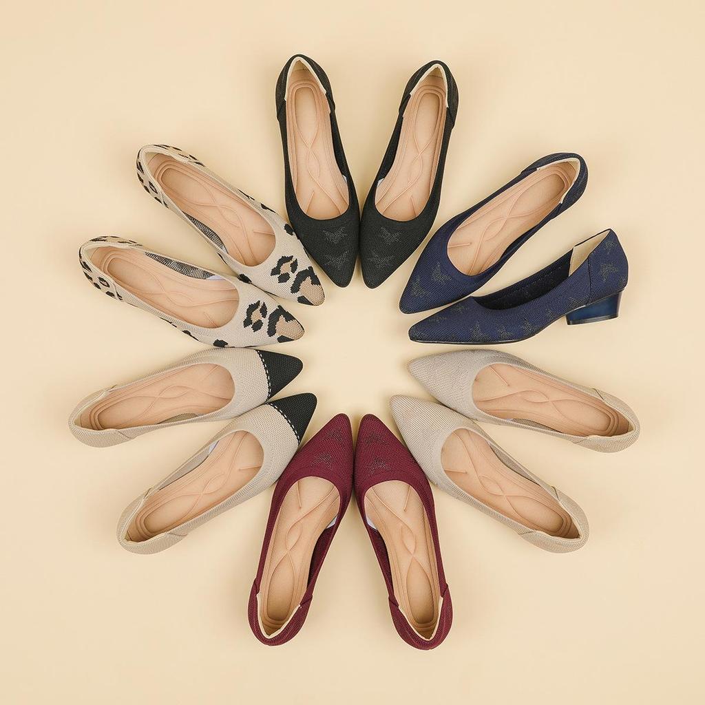 Pointed Toe Shallow Mouth Fabric Flat Bottom Women's Leopard Knitted Soft Bottom Large Shoes Size 34-43