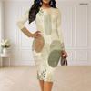 Women Plus Size Round Neck Long Sleeve Colorful Printed Bodycon Midi Dress