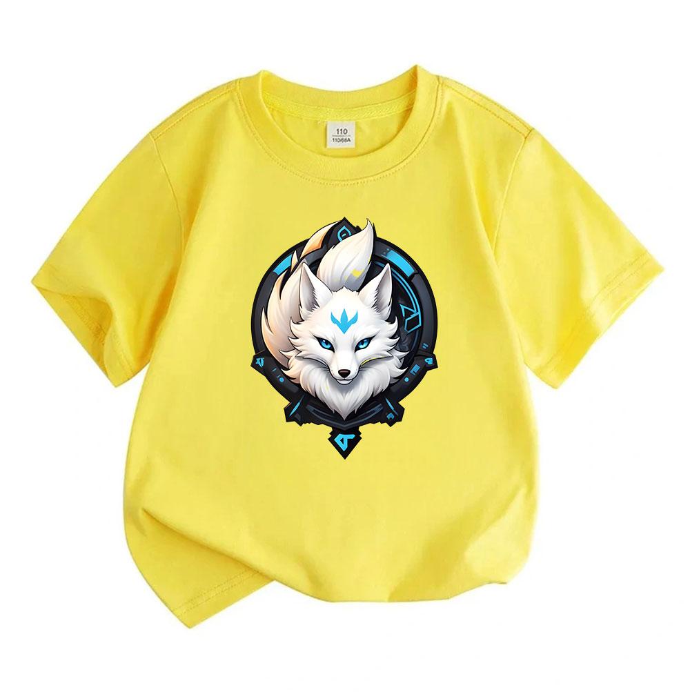 Kids Boys Girls 100% Cotton Short Sleeve T-Shirt, Cool White Nine-Tailed Fox With Blue Neon Mark Print Crew Neck Casual Soft Tee For Children Daily We