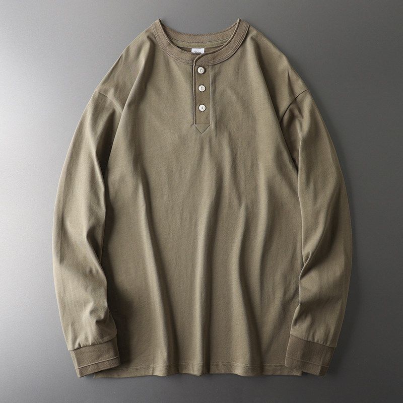 Henley Shirt American Style Heavy Men's Long-Sleeved 100% Cotton Coat Foreign Trade Export Original Last Order Men's G Henry Collar T-shirt