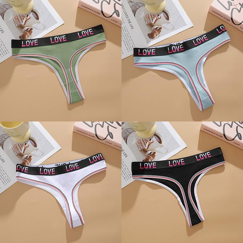 FINETOO 4PCS Women Cotton Thongs Sexy Low Waist T-Back Thongs Ribbed Comfortable Female Underwear Ladies Sexy G-String Lingerie